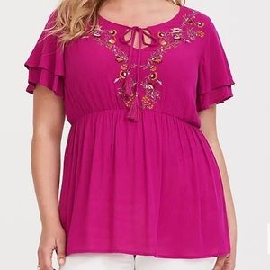 Torrid Rose Pink Embroidered Crepe Babydoll Top